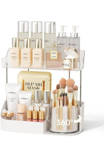 TERRIFI Rotating Makeup Organizer with Makeup Brush Holder, 2 Tier Bathroom C...