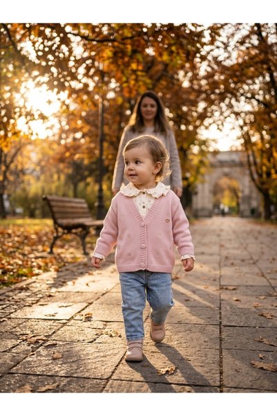 INFANT Set tinuta Olix cu pulover roz brodat, camasa cu volane si blugi