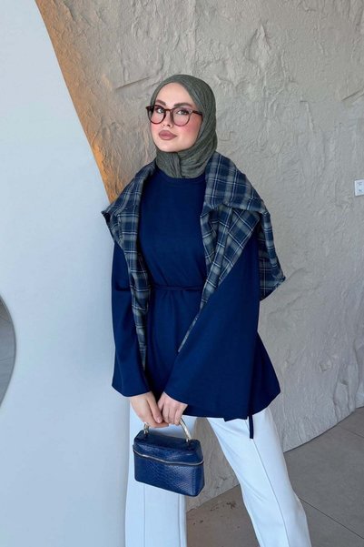 Hazamoda ساري تونيك باللون الأزرق الداكن