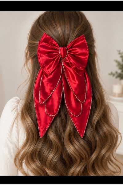 zamansız takı ❤️   Red Satin Bow Hair Clip – with Sparkling Bead Chain Detail