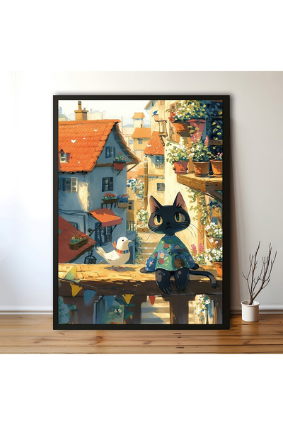 Generic Brand 1pc Charming Cat Pigeon Canvas Wall Art Print, Whimsical Animal...