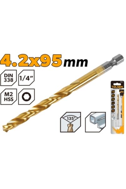 TOLSEN رؤوس مثقاب من التيتانيوم HSS/M2 بساق سداسي 1/4 بوصة 4.2x95 مم (0.17"x3...