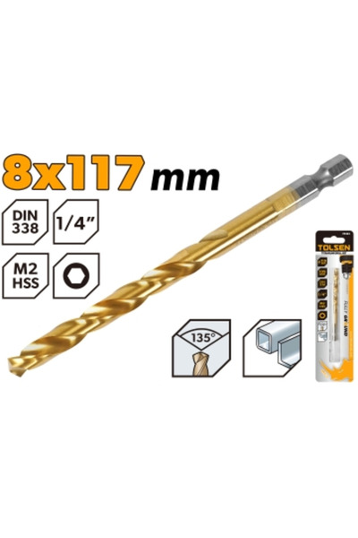 TOLSEN رؤوس حفر من التيتانيوم HSS/M2 بساق سداسية 1/4 بوصة 8.0x117 مم (0.31"x4...