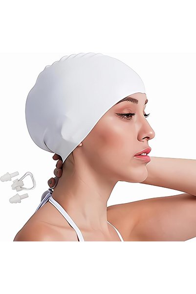 Generic قبعة سباحة مريحة مقاومة للماء من السيليكون للنساء، مقاس كبير تناسب جم...