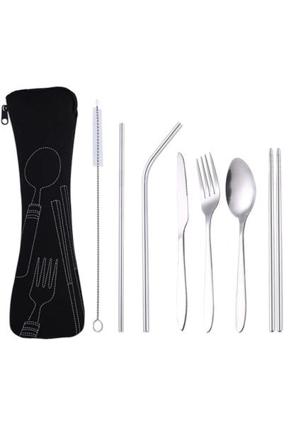 Generic طقم أدوات مائدة مع حقيبة محمولة، أدوات طعام من الفولاذ المقاوم للصدأ ...