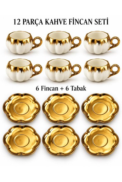 valkyrie 6 Kişilik Beyaz Gold Balkabağı Model Türk Kahvesi Fincan Takımı 12 Parça 80 ml Çeyizlik byz