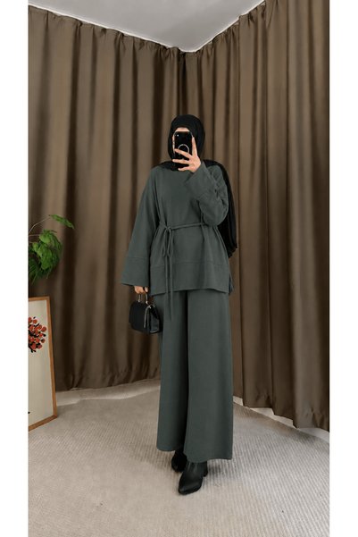Hepsi Moda Crew Neck Slit Detailed Pant Suit - 4236 - Khaki