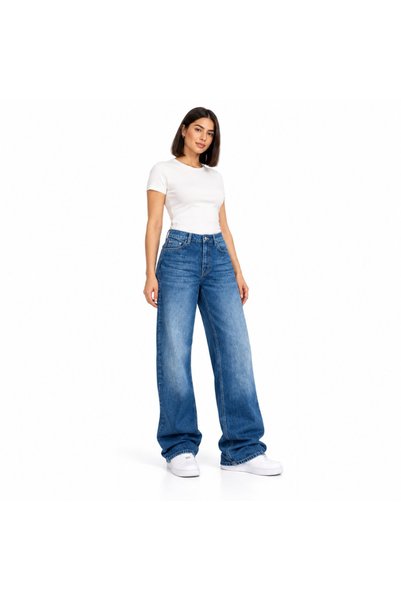varioshop ®   Blugi largi de damă, 100% bumbac, albastru decolorat, buzunare ...