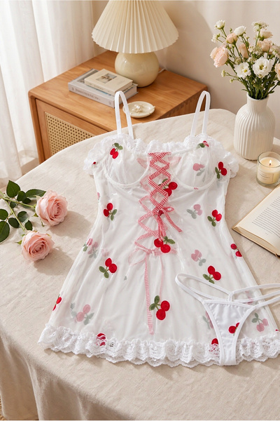 Generic Brand Women Sweet Cherry Embroidery Mesh Babydoll Lingerie Set Nightg...