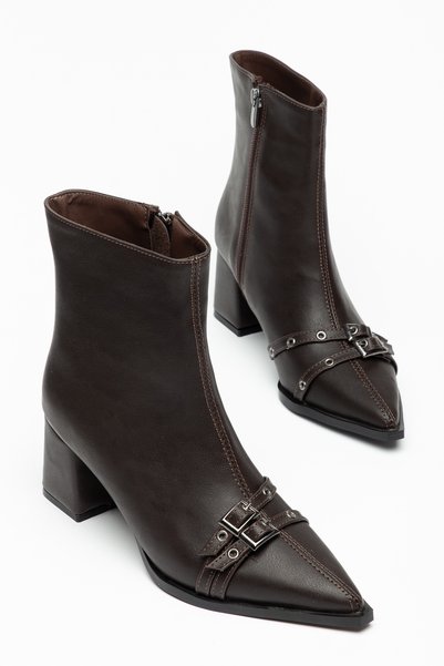 Generic Brand Modalmila Coffee-Colored Pointed-Toe Chunky Heel Ankle Boots wi...