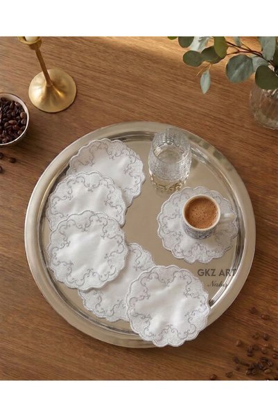 gkzglass home dekor 6 Adet Keten Kumaş Üzeri Nakışlı Kahve Yanı Kokteyl Peçet...
