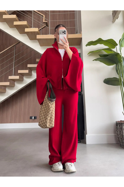 My Blog Red Bat Sleeve Double Zipper Knitwear Set - 2110