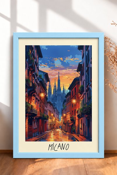 HOMEPACK Zalazak sunca u ulici Milana i katedrali uokvireno slikarstvo Italij...