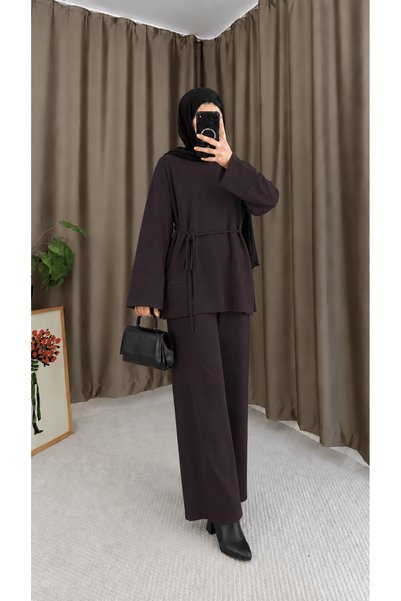 Hepsi Moda Crew Neck Slit Detailed Trouser Suit - 4236 - Bitter Brown (Os)