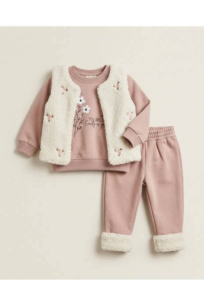 bomlo baby kids 6-24 Months Baby Girl 3-Piece Set - Burgundy-Beige Floral Swe...