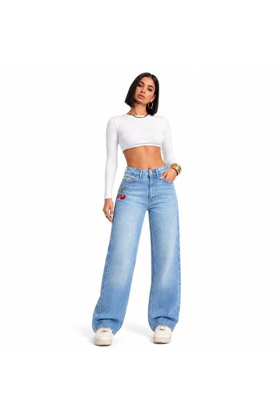 varioshop ®   Blugi de damă cu talie înaltă, croială dreaptă lejeră, 100% bum...