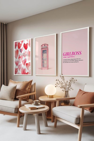 Zestia Σετ 3 πινάκων με λευκό πλαίσιο, Ροζ Καρδιές Girlboss, Διακόσμηση τοίχο...