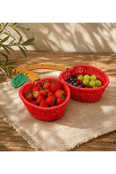 Dekor köşesi Decorative Cherry Design Hand-Knitted 2-Piece Fruit Bowl and Pre...