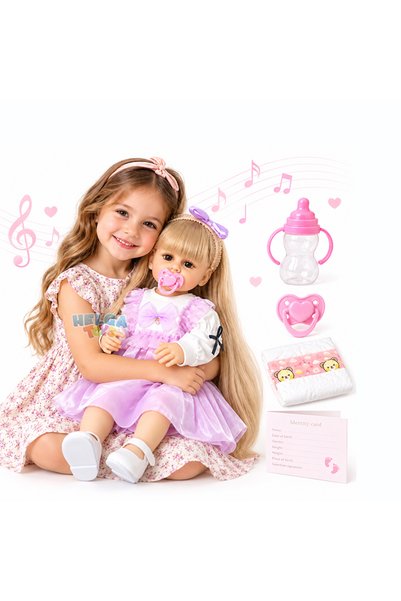 Helga Toys Papusa Reborn interactiva Moly blonda cu tinuta lila - 55 cm