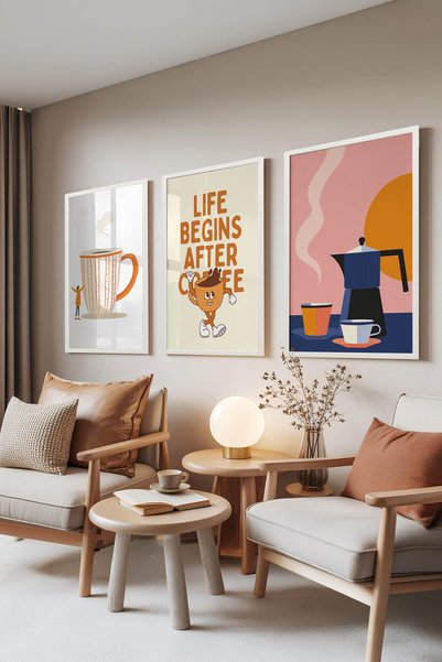 Zestia Set de 3 tablouri cu rame albe, desene retro în nuanțe de cafea, decor...
