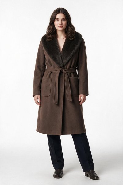 Ekol Bb Women's Plus Size Belted Fur Shawl Collar Winter Coat