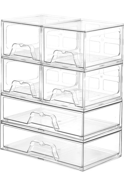 ALMEKAQUZ 6 Pack Stackable Storage Baskets, 2 Size High Clear Plastic Cosmeti...
