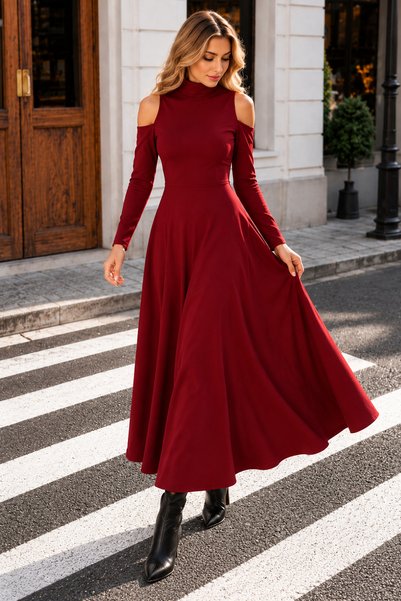 moda wanilia فستان جانجان طويل الأكمام بياقة على شكل حرف V وأكتاف مكشوفة، منا...