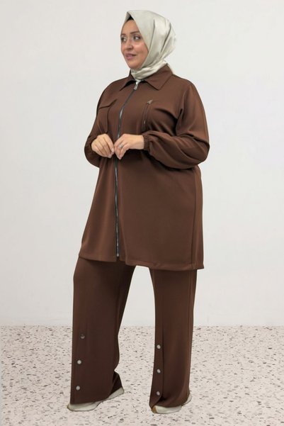 Eslina 67084 Plus-Size Set with Snap and Zipper Details and Modal Pants - Coffee