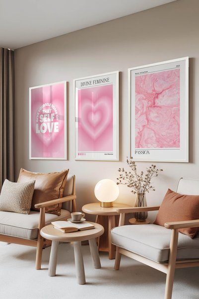 Zestia Σετ 3 πινάκων με λευκό πλαίσιο, «Pink Self Love», διακόσμηση τοίχου σα...