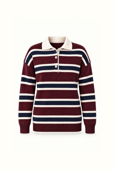 Sezgi Tekin Polo Collar Burgundy Navy Striped Knitwear