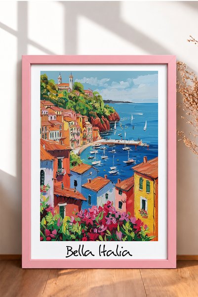 HOMEPACK Bella Italia Sailing Harbor i Flowers uokvirena slika, poster Italij...