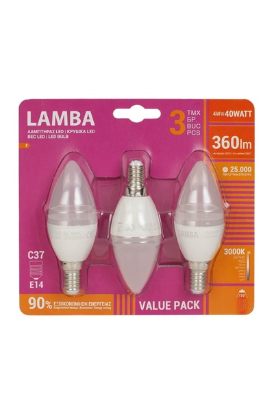 Lamba Becuri LED E14 4W (C37) Alb Cald – 3 buc, 360 lm – Durată 25.000 ore