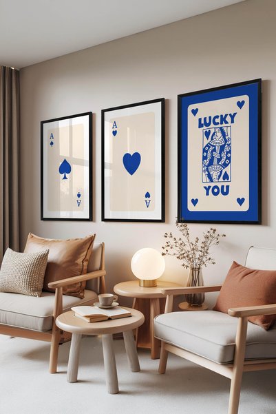 Zestia Set de 3 tablouri cu rame negre, Lucky You albastru închis, decor de p...