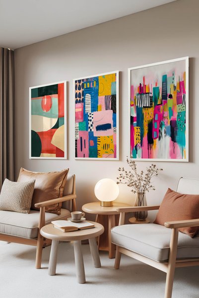 Zestia Set de 3 tablouri cu rame albe, colaj abstract colorat, decor de peret...