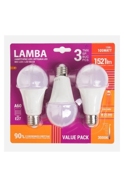Lamba Becuri LED E27 15W (A60) 3 buc – Lumină Albă Caldă, 15210 lm – Durată 2...