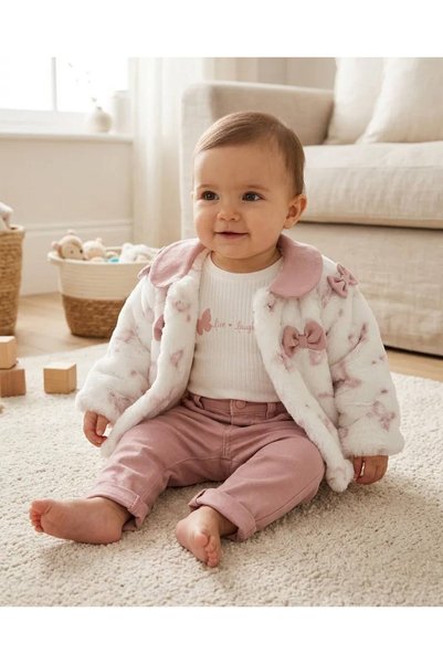 Donino 6-24 Months Baby Girl 3-Piece Set - Powder Plush Jacket, Long Sleeve Top and Pants Winter Newborn Baby Set
