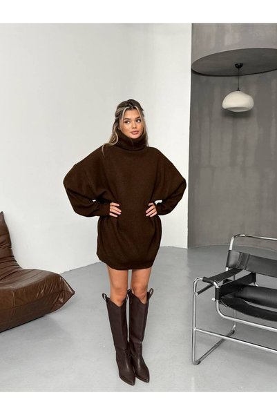 hiraz fashion سترة نسائية طويلة من التريكو ذات ياقة دائرية بلون بني غامق