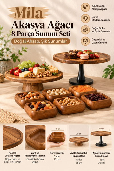 Evanev Mila Akasya Ağacı 8 Parça Ahşap Sunum Seti, 2 Ayaklı Sunumluk ve 6 Kar...