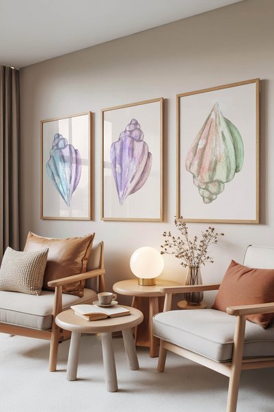 Zestia Set de 3 tablouri cu ramă din lemn, scoici în culori pastelate, decor ...