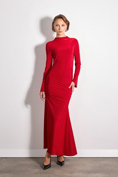 Gusto Gathered Detailed Long Lycra Evening Dress - Red