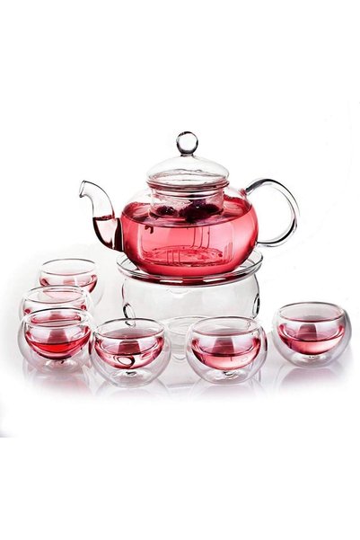 Generic إبريق شاي زجاجي مع سخان و6 أكواب شاي، شفاف