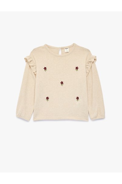 Koton Floral Embroidered Long-Sleeved Crew Neck Ruffled Sweatshirt