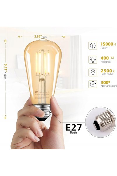 Amazon 6x becuri LED Edison Vintage E27, alb cald 2500K, 6,5W, sticlă chihlim...
