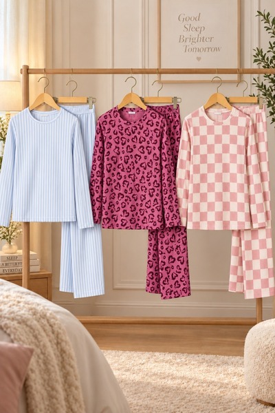 FİT WOMEN 3-Piece Women's Striped Regular Fit Pajama Set