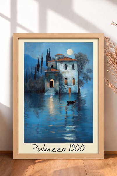 HOMEPACK Palazzo 1900, Ay Işığında Sudaki Villa, Framed Painting, Italy Poste...