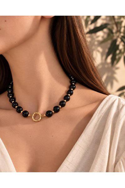 Nazen Jewelry Noir Siyah İnci Detaylı 14K Altın Kaplama Klipsli Kolye