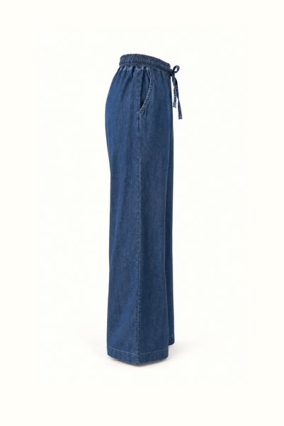 Sezgi Tekin Navy Blue Denim Pants with Elastic Waistband and Wide Legs.