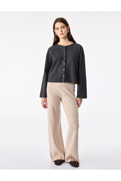 Koton Women Grey Plain Round Neck Long Sleeves Cardigan