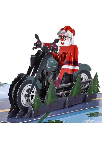 Noonedibs Felicitare pop-up 3D de Crăciun cu Moș Crăciun motociclist, 8x6 inc...