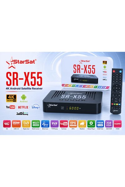 STARSAT SR-X55 4K Android TV Box and Satellite Receiver with H.265, Wi-Fi and...